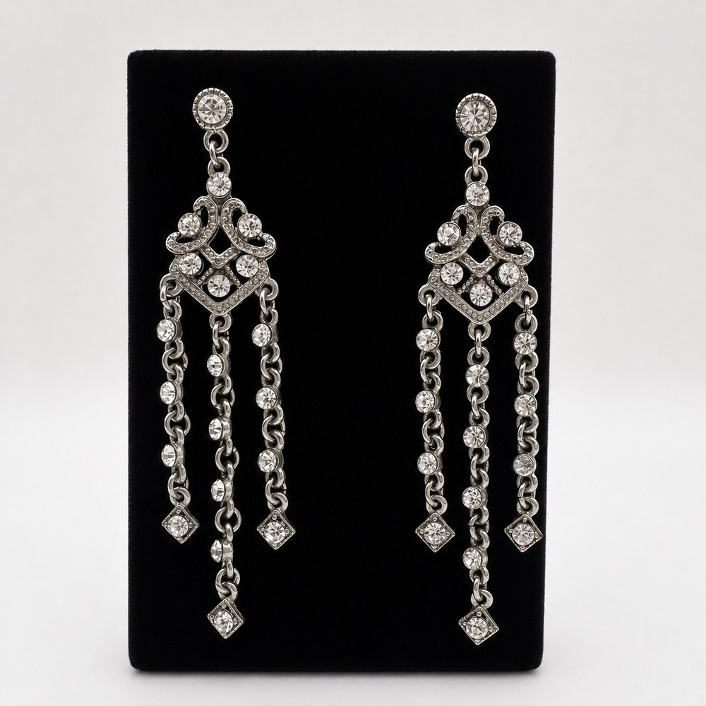 Silver Tone Crystal Chandelier Drop Earrings Filigree Rhinestone‎ Statement